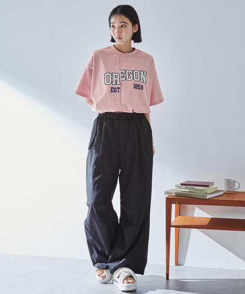 MONO-MART(モノマート)の「リメイクライク カレッジロゴ刺繍スイッチング半袖Tシャツ(Tシャツ/カットソー・レディース・スミクロ/ピンク/オフホワイト・FREE)」の10枚目の写真