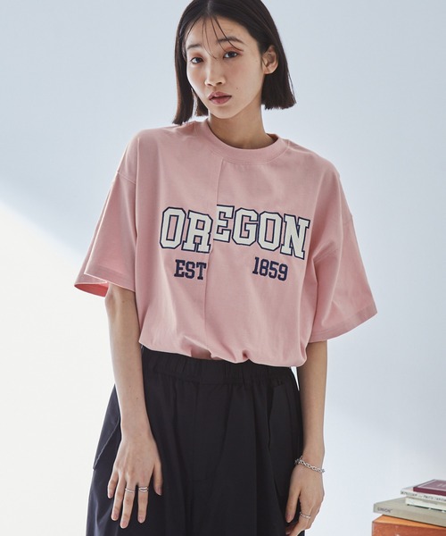 MONO-MART(モノマート)の「リメイクライク カレッジロゴ刺繍スイッチング半袖Tシャツ(Tシャツ/カットソー・レディース・スミクロ/ピンク/オフホワイト・FREE)」の11枚目の写真