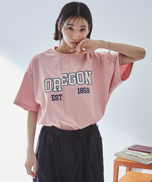 tシャツ リメイクライクカレッジ（半袖） レディース セール】リメイクライク カレッジロゴ刺繍スイッチング半袖T