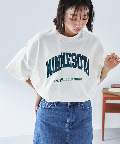 tシャツ リメイクライクカレッジ（半袖） レディース リメイクライク カレッジロゴ刺繍スイッチング半袖Tシャツ MONO