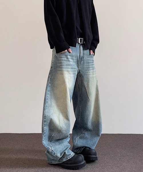 ヴィンテージ加工 カーブデニムパンツ/ワイドデニムパンツ WO25S9PT02