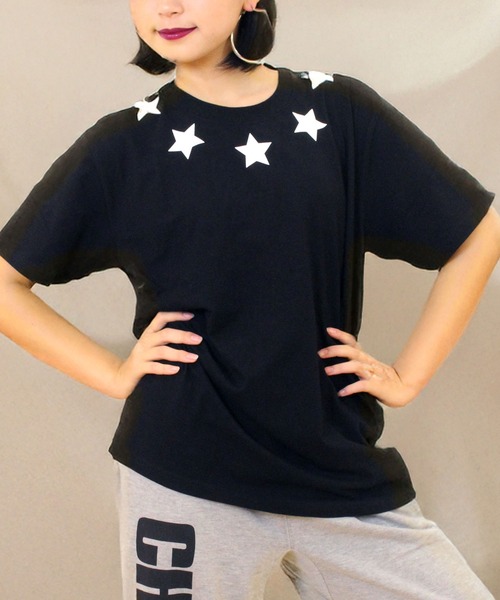 CHEER(チアー)の「ネックスターバックプリントBIGTEE(Tシャツ/カットソー・レディース・ブラック/ホワイト・S/M/L)」の1枚目の写真