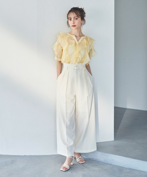 31 Sons de mode（トランテアン　ソン　ドゥ　モード）の「2025春夏新作 シアーラッフルブラウス（シャツ/ブラウス・レディース・ネイビー/イエロー/ホワイト・ﾌﾘ-）」の6枚目の写真