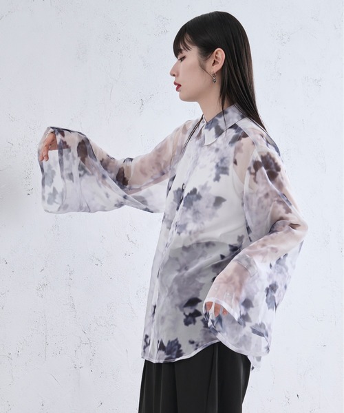 Ellno Loset（エルノロゼット）の「2wayアームスリットフラワーシアーシャツ（シャツ/ブラウス・メンズ・ブラック×ブルー/オフホワイト/ブラック×パープル/ブラック×レッド・SMALL/MEDIUM/LARGE）」の7枚目の写真