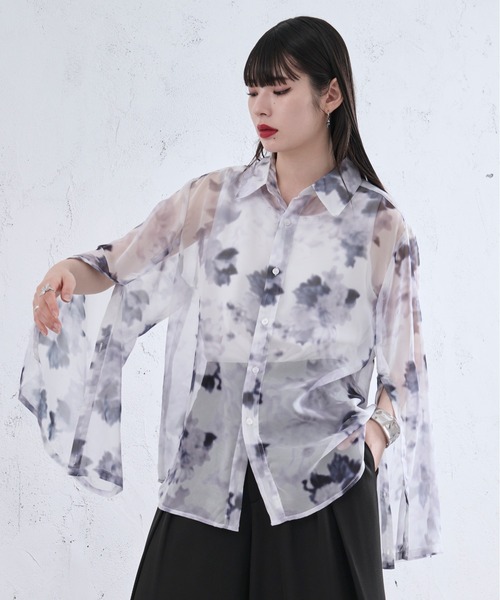 Ellno Loset（エルノロゼット）の「2wayアームスリットフラワーシアーシャツ（シャツ/ブラウス・メンズ・ブラック×ブルー/オフホワイト/ブラック×パープル/ブラック×レッド・SMALL/MEDIUM/LARGE）」の9枚目の写真