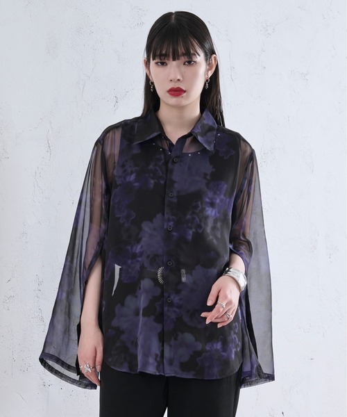 seyto サイズ2 / ラインストーンベロアシアーシャツ Rhinestone velours sheer shirt / ラインストーンベロアシアー