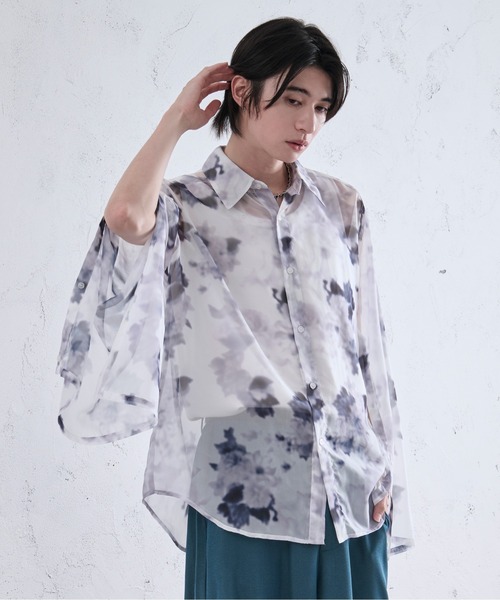 Ellno Loset（エルノロゼット）の「2wayアームスリットフラワーシアーシャツ（シャツ/ブラウス・メンズ・ブラック×ブルー/オフホワイト/ブラック×パープル/ブラック×レッド・SMALL/MEDIUM/LARGE）」の21枚目の写真