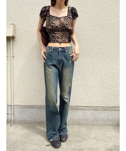 EVRIS（エヴリス）の「ヴィンテージライクダメージフレアデニムパンツ（デニムパンツ・レディース・インディゴブルー/ブラック・SMALL/MEDIUM）」の18枚目の写真