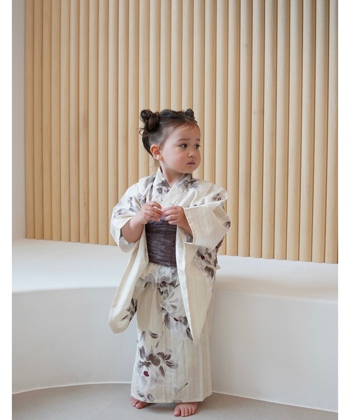 utatane×Acka.］kids 浴衣3set 山茶花 white（lame）・beige