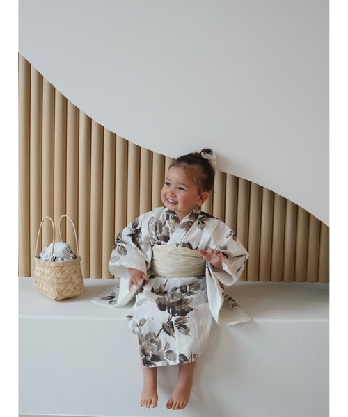 utatane×Acka.］kids 浴衣3set 山茶花 white（lame）・beige