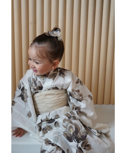 utatane×Acka.］kids 浴衣3set 山茶花 white（lame）・beige