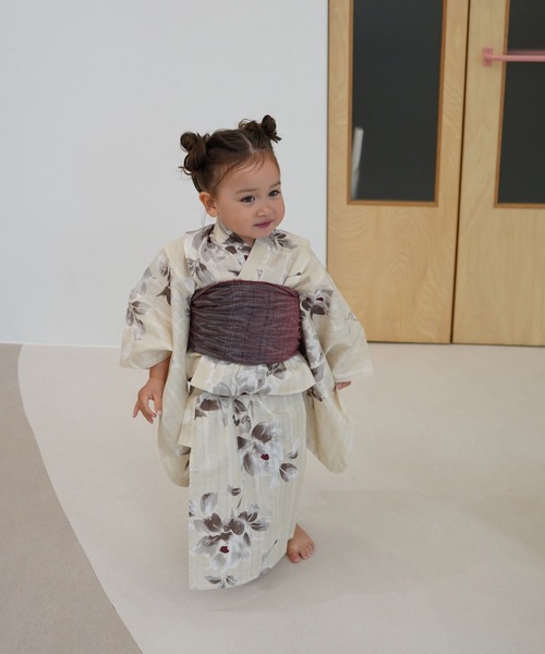 utatane×Acka.］kids 浴衣3set 山茶花 white（lame）・beige