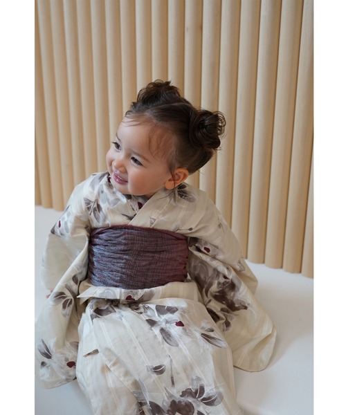 utatane×Acka.］kids 浴衣3set 山茶花 white（lame）・beige