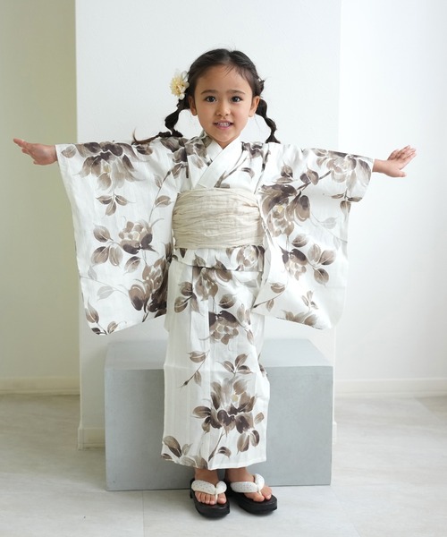 utatane×Acka.］kids 浴衣3set 山茶花 white（lame）・beige（浴衣
