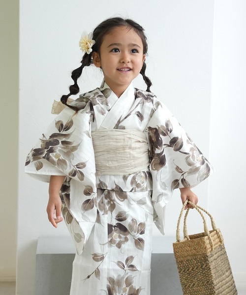 utatane×Acka.］kids 浴衣3set 山茶花 white（lame）・beige（浴衣