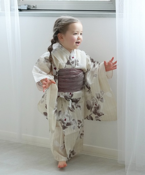 utatane×Acka.］kids 浴衣3set 山茶花 white（lame）・beige（浴衣