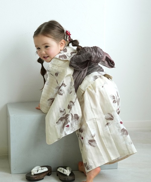 utatane×Acka.］kids 浴衣3set 山茶花 white（lame）・beige（浴衣