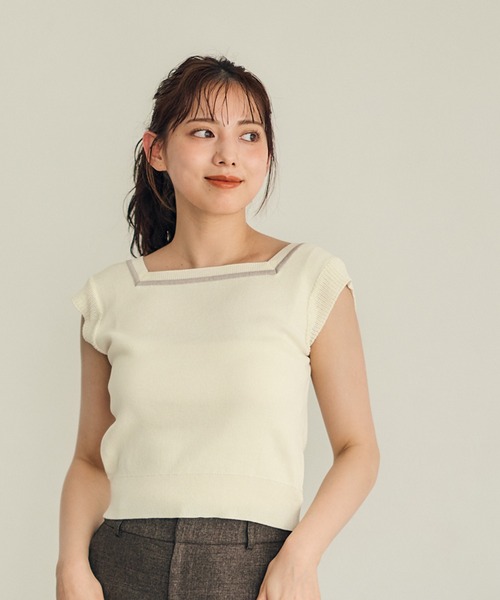 12Twelve Agenda（トゥエルブ　アジェンダ）の「前後2way袖透かし編み配色ニットプルオーバー（ニット/セーター・レディース・ブラック/アイボリー/オフホワイト/ネイビー/グリーン/ピンク・M）」の2枚目の写真