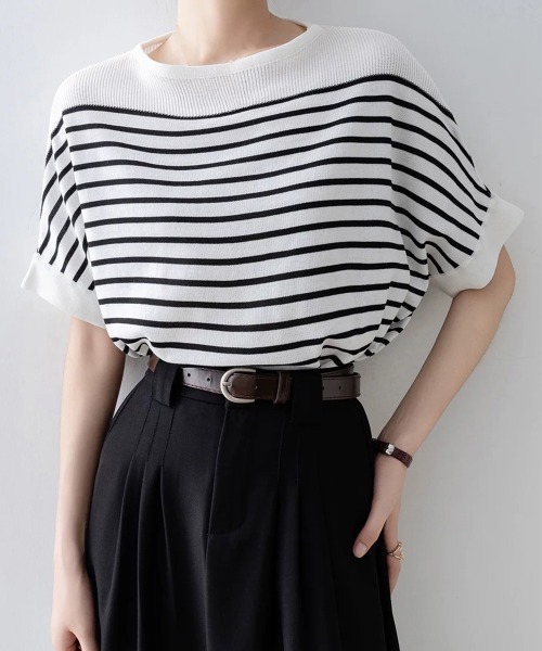 Miniministore(ミニミニストア)の「ボーダー柄サマーニット ドルマンスリーブ(Tシャツ/カットソー・レディース・ホワイト/オフホワイト/ブラック・FREE)」の3枚目の写真