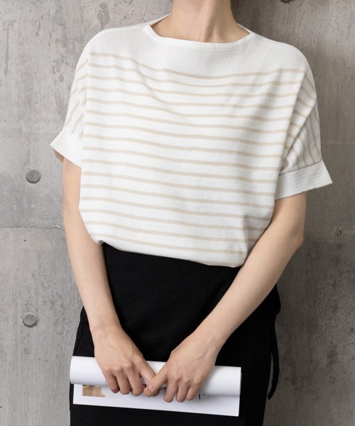 Miniministore(ミニミニストア)の「ボーダー柄サマーニット ドルマンスリーブ(Tシャツ/カットソー・レディース・ホワイト/オフホワイト/ブラック・FREE)」の1枚目の写真