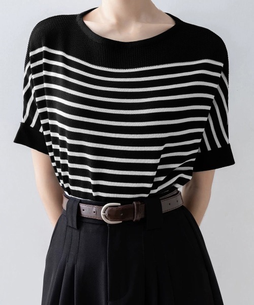 Miniministore(ミニミニストア)の「ボーダー柄サマーニット ドルマンスリーブ(Tシャツ/カットソー・レディース・ホワイト/オフホワイト/ブラック・FREE)」の2枚目の写真