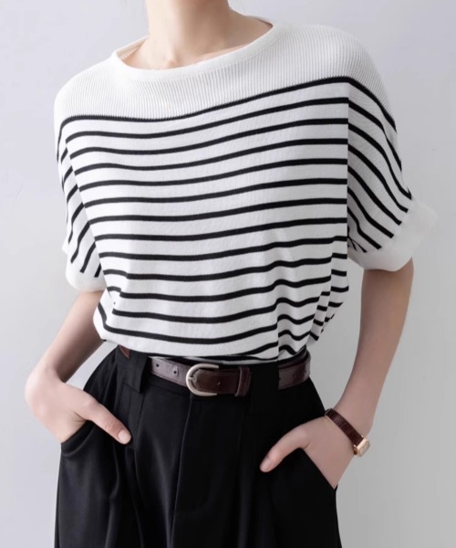 Miniministore(ミニミニストア)の「ボーダー柄サマーニット ドルマンスリーブ(Tシャツ/カットソー・レディース・ホワイト/オフホワイト/ブラック・FREE)」の16枚目の写真