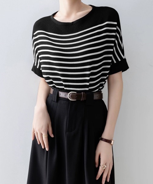 Miniministore(ミニミニストア)の「ボーダー柄サマーニット ドルマンスリーブ(Tシャツ/カットソー・レディース・ホワイト/オフホワイト/ブラック・FREE)」の12枚目の写真