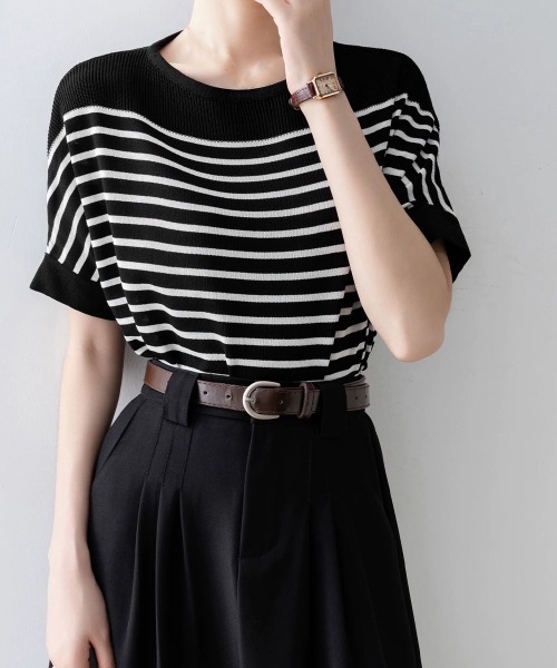 Miniministore(ミニミニストア)の「ボーダー柄サマーニット ドルマンスリーブ(Tシャツ/カットソー・レディース・ホワイト/オフホワイト/ブラック・FREE)」の11枚目の写真