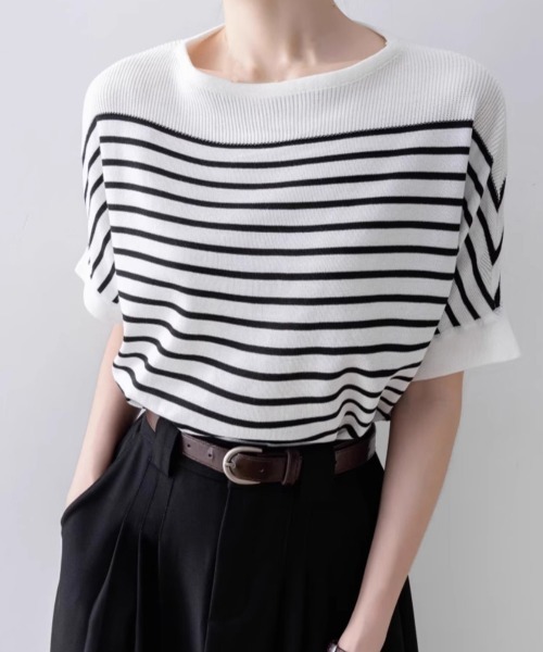 Miniministore(ミニミニストア)の「ボーダー柄サマーニット ドルマンスリーブ(Tシャツ/カットソー・レディース・ホワイト/オフホワイト/ブラック・FREE)」の10枚目の写真