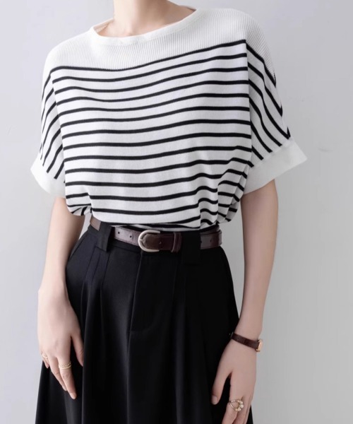 Miniministore(ミニミニストア)の「ボーダー柄サマーニット ドルマンスリーブ(Tシャツ/カットソー・レディース・ホワイト/オフホワイト/ブラック・FREE)」の9枚目の写真