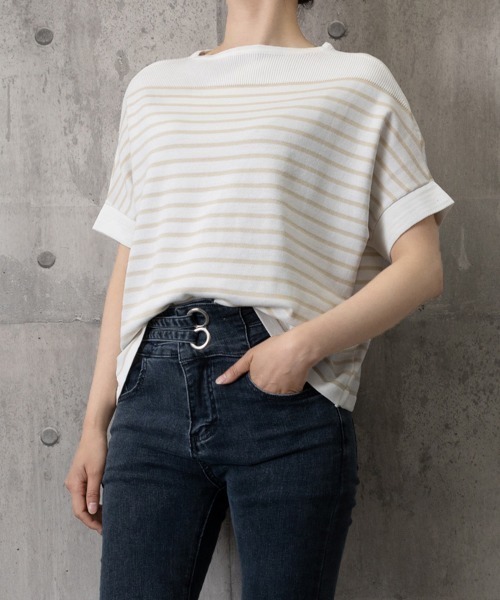 Miniministore(ミニミニストア)の「ボーダー柄サマーニット ドルマンスリーブ(Tシャツ/カットソー・レディース・ホワイト/オフホワイト/ブラック・FREE)」の8枚目の写真