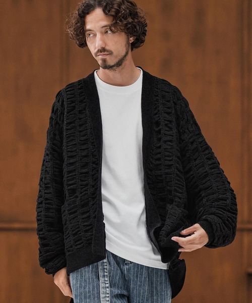 mcg3662-Floating Jacquard Mole Knit Buttonless Cardigan ニット