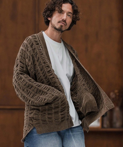 mcg3662-Floating Jacquard Mole Knit Buttonless Cardigan ニット