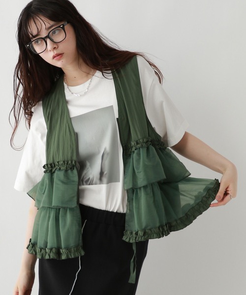 RAGEBLUE（レイジブルー）の「フロントジップ/異素材チュールフリルベスト（ベスト・レディース・ブラック/ホワイト/グリーン・FREE）」の3枚目の写真
