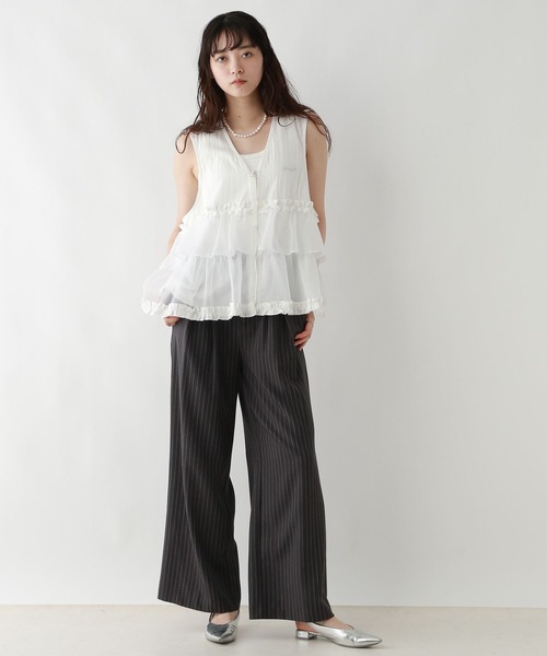 RAGEBLUE（レイジブルー）の「フロントジップ/異素材チュールフリルベスト（ベスト・レディース・ブラック/ホワイト/グリーン・FREE）」の7枚目の写真