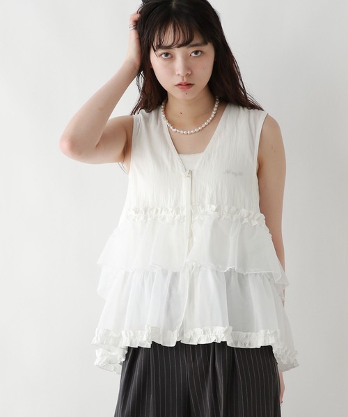 RAGEBLUE（レイジブルー）の「フロントジップ/異素材チュールフリルベスト（ベスト・レディース・ブラック/ホワイト/グリーン・FREE）」の10枚目の写真