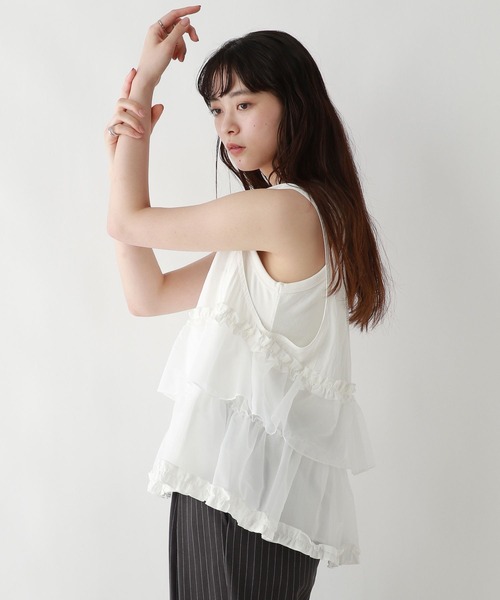 RAGEBLUE（レイジブルー）の「フロントジップ/異素材チュールフリルベスト（ベスト・レディース・ブラック/ホワイト/グリーン・FREE）」の11枚目の写真