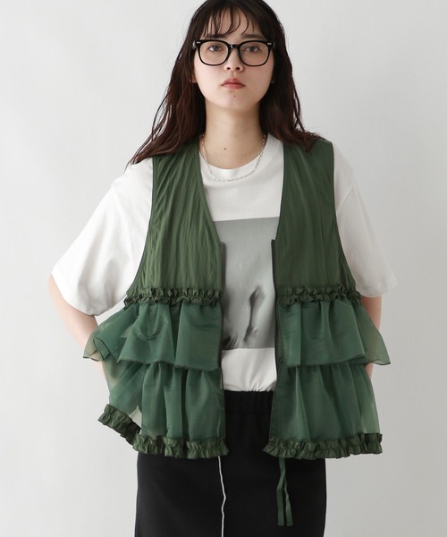 RAGEBLUE（レイジブルー）の「フロントジップ/異素材チュールフリルベスト（ベスト・レディース・ブラック/ホワイト/グリーン・FREE）」の19枚目の写真