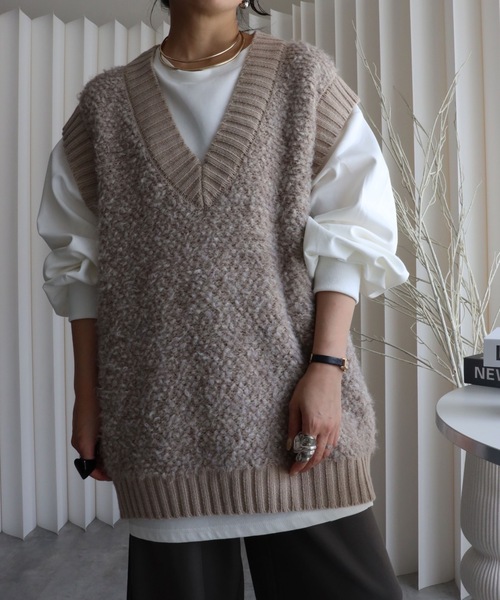 セール】【プードルニットオーバーベスト】Vネックニットベスト/ファー