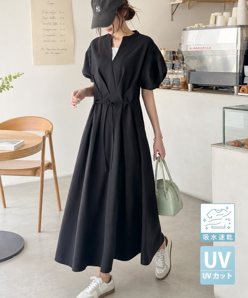 classicalelf(クラシカルエルフ)の「【UVカット・防シワ・吸水速乾機能付き】涼しさも美しさも、さらっと叶える。サッカーランタンスリーブステッチタックワンピース(無地・チェック柄)(ワンピース・レディース・アイボリー/ブラック系/ブラウン系/ブラック・LARGE/X-LARGE/SMALL/MEDIUM)」の3枚目の写真