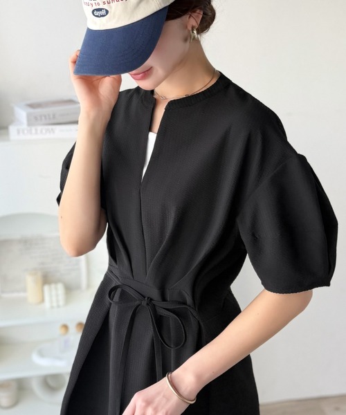 classicalelf(クラシカルエルフ)の「【UVカット・防シワ・吸水速乾機能付き】涼しさも美しさも、さらっと叶える。サッカーランタンスリーブステッチタックワンピース(無地・チェック柄)(ワンピース・レディース・アイボリー/ブラック系/ブラウン系/ブラック・LARGE/X-LARGE/SMALL/MEDIUM)」の17枚目の写真