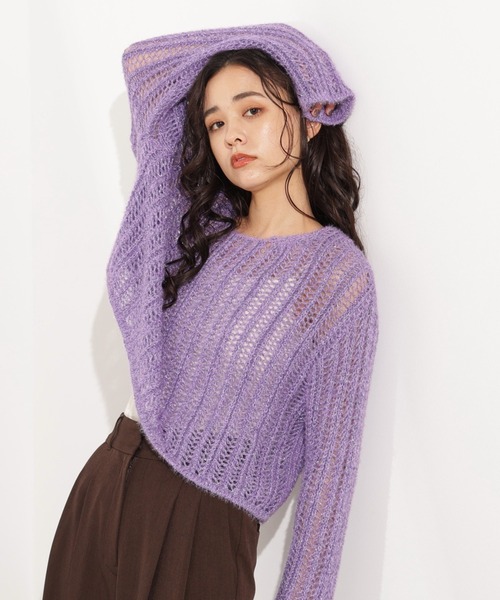 N.（N. Natural Beauty Basic）（エヌエヌナチュラルビューティーベーシック）の「クロップド透かし編みニット（ニット/セーター・レディース・ピンク/グレー/オフホワイト/パープル・MEDIUM）」の4枚目の写真
