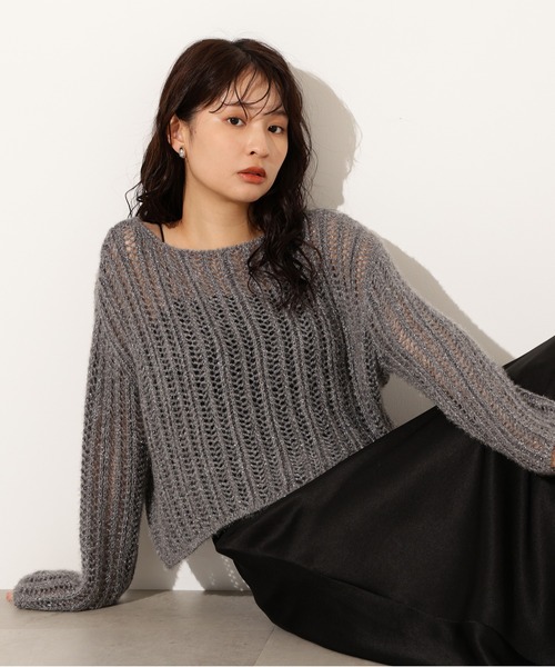 N.（N. Natural Beauty Basic）（エヌエヌナチュラルビューティーベーシック）の「クロップド透かし編みニット（ニット/セーター・レディース・ピンク/グレー/オフホワイト/パープル・MEDIUM）」の3枚目の写真