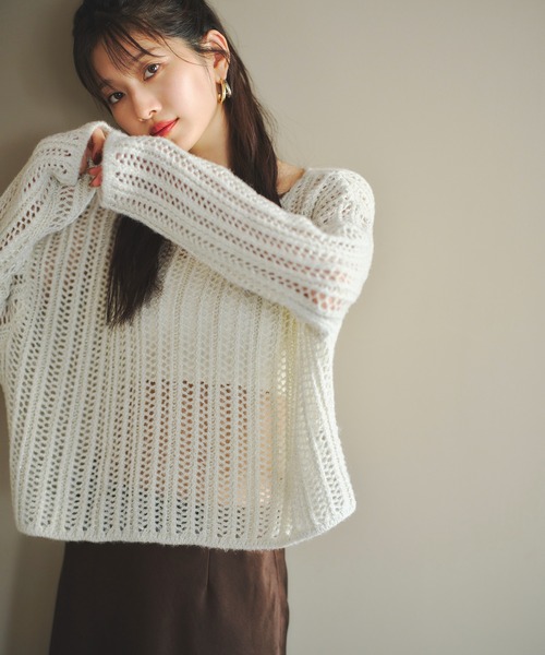 N.（N. Natural Beauty Basic）（エヌエヌナチュラルビューティーベーシック）の「クロップド透かし編みニット（ニット/セーター・レディース・ピンク/グレー/オフホワイト/パープル・MEDIUM）」の2枚目の写真