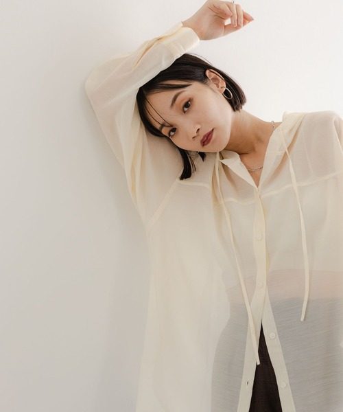 LOWRYS FARM（ローリーズファーム）の「シアーフードシャツ  580082（シャツ/ブラウス・レディース・ブラウン/オフホワイト/ブルー・FREE）」の8枚目の写真