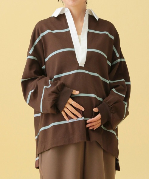 LEPSIM（レプシィム）の「【産前・産後対応】マタニティ／ラガー長袖シャツ　577873（マタニティウェア/グッズ・レディース・ネイビー/ブラウン・FREE）」の2枚目の写真