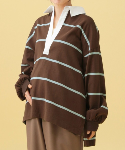 LEPSIM（レプシィム）の「【産前・産後対応】マタニティ／ラガー長袖シャツ　577873（マタニティウェア/グッズ・レディース・ネイビー/ブラウン・FREE）」の4枚目の写真