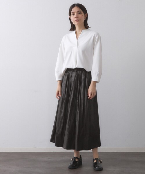 セール】レザーライクタックフレアスカート【洗濯機洗い可】（スカート