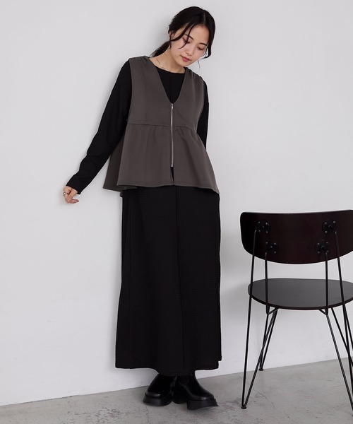 forksy.】センタージップべプラムベスト&ジャガードロングワンピース