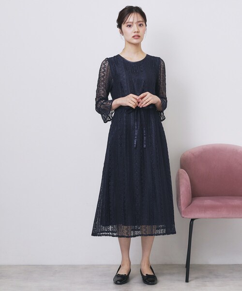幾何ラインレースワンピース【洗濯機OK】（ワンピース）｜index